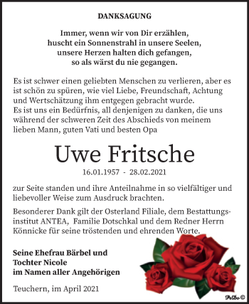 Traueranzeige von Uwe Fritsche von Mitteldeutsche Zeitung Weißenfels