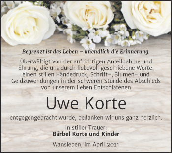 Traueranzeige von Uwe Korte von Trauerkombi Mansfelder Land