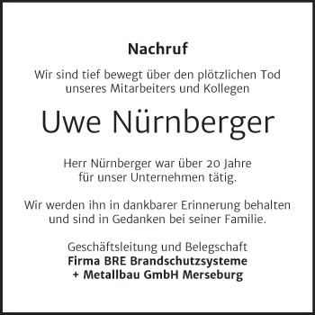 Traueranzeige von Uwe Nürnberger von Mitteldeutsche Zeitung Weißenfels