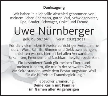 Traueranzeige von Uwe Nürnberger von Mitteldeutsche Zeitung Weißenfels