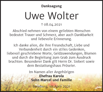 Traueranzeige von Uwe Wolter von Trauerkombi Bernburg
