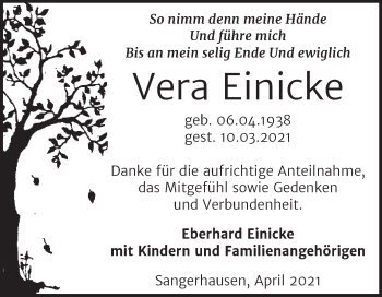 Traueranzeige von Vera Einicke von Trauerkombi Sangerhausen