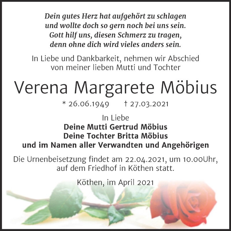  Traueranzeige für Verena Margarete Möbius vom 10.04.2021 aus Mitteldeutsche Zeitung Köthen