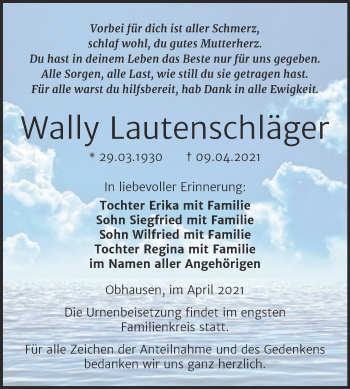 Traueranzeige von Wally Lautenschläger von Mitteldeutsche Zeitung Merseburg/Querfurt