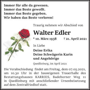 Traueranzeige von Walter Edler von Trauerkombi Quedlinburg