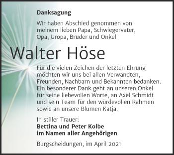 Traueranzeige von Walter Höse von Super Sonntag Naumburg/Nebra