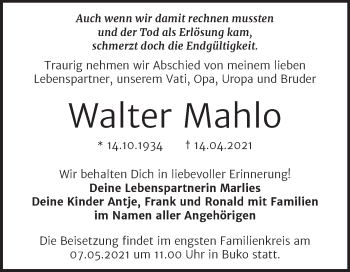 Traueranzeige von Walter Mahlo von Mitteldeutsche Zeitung Wittenberg