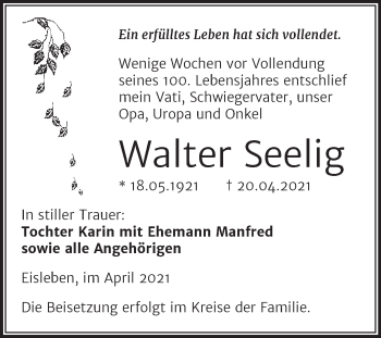 Traueranzeige von Walter Seelig von Trauerkombi Mansfelder Land