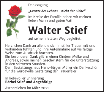 Traueranzeige von Walter Stief von Mitteldeutsche Zeitung Aschersleben