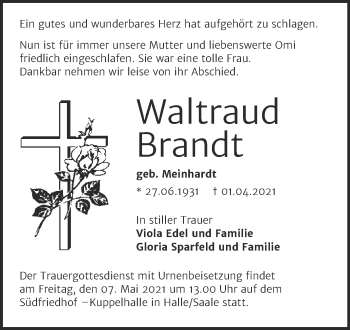 Traueranzeige von Waltraud Brandt von Mitteldeutsche Zeitung Halle/Saalkreis