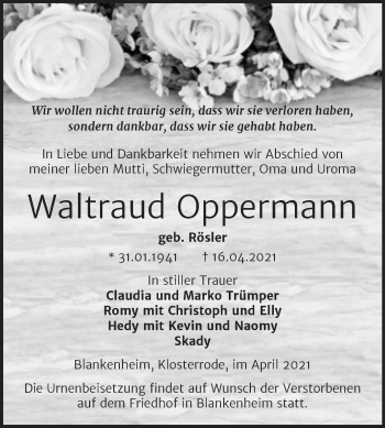 Traueranzeige von Waltraud Oppermann von Mitteldeutsche Zeitung Sangerhausen