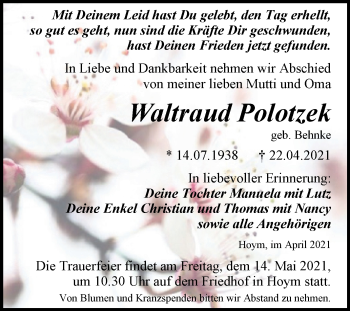 Traueranzeige von Waltraud Polotzek von Trauerkombi Aschersleben