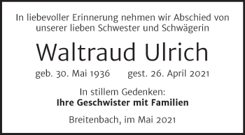 Traueranzeige von Waltraud Ulrich von Trauerkombi Zeitz