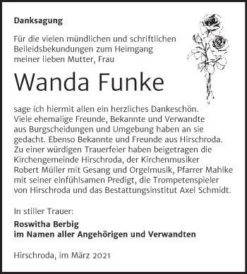 Traueranzeige von Wanda Funke von Super Sonntag Naumburg/Nebra