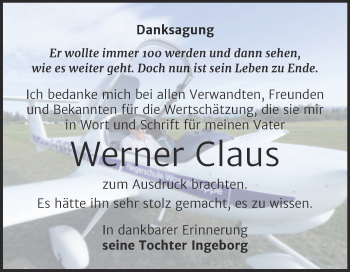 Traueranzeige von Werner Claus von Super Sonntag Naumburg/Nebra