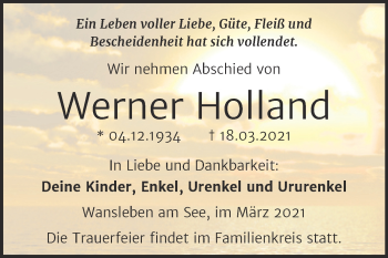 Traueranzeige von Werner Holland von Mitteldeutsche Zeitung Mansfelder Land