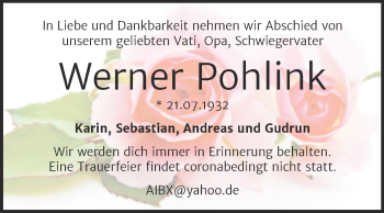 Traueranzeige von Werner Pohlink von Mitteldeutsche Zeitung Halle/Saalkreis