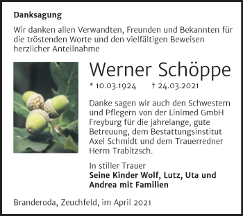 Traueranzeige von Werner Schöppe von Super Sonntag Merseburg/Querfurt