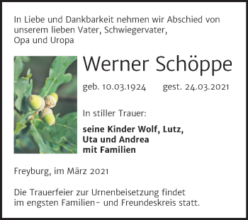 Traueranzeige von Werner Schöppe von Super Sonntag Merseburg/Querfurt