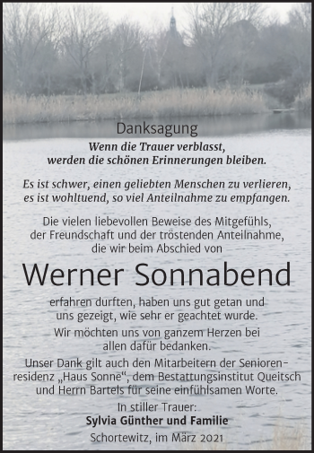 Traueranzeige von Werner Sonnabend von Mitteldeutsche Zeitung Köthen
