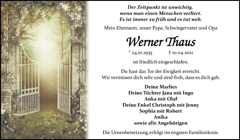  Traueranzeige für Werner Thaus vom 21.04.2021 aus Mitteldeutsche Zeitung Bitterfeld