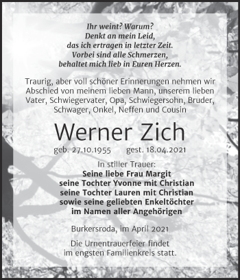 Traueranzeige von Werner Zich von Wochenspiegel Naumburg/Nebra