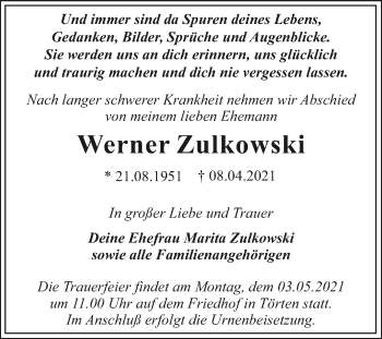 Traueranzeige von Werner Zulkowski von Mitteldeutsche Zeitung Dessau-Roßlau