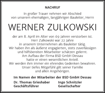 Traueranzeige von Werner Zulkowski von Mitteldeutsche Zeitung Dessau-Roßlau