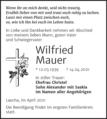 Traueranzeige von Wilfried Mauer von Wochenspiegel Naumburg/Nebra