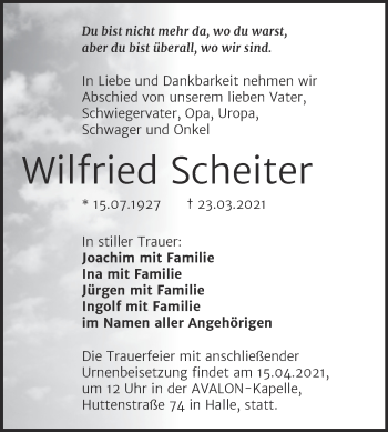Traueranzeige von Wilfried Scheiter von Mitteldeutsche Zeitung Halle/Saalkreis