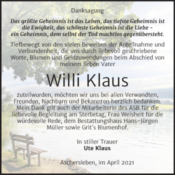 Traueranzeige von Willi Klaus von Trauerkombi Aschersleben