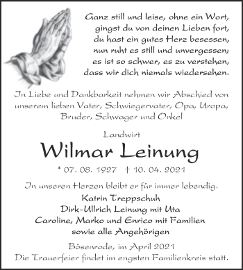 Traueranzeige von Wilmar Leinung von Mitteldeutsche Zeitung Sangerhausen