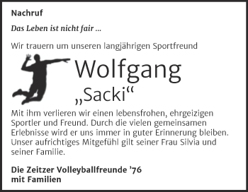 Traueranzeige von Wolfgang  von Trauerkombi Zeitz