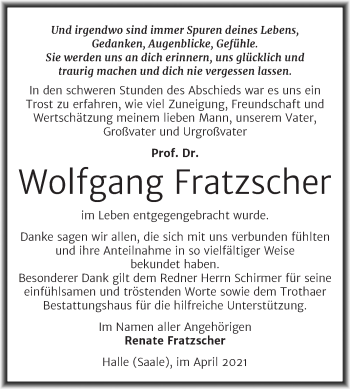Traueranzeige von Wolfgang Fratzscher von Mitteldeutsche Zeitung Halle/Saalkreis