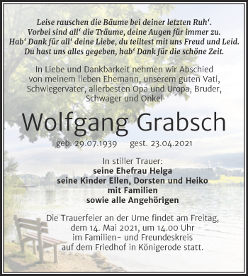 Traueranzeige von Wolfgang Grabsch von Trauerkombi Quedlinburg