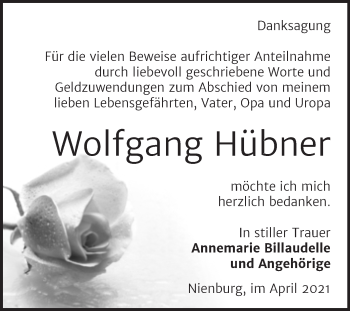 Traueranzeige von Wolfgang Hübner von Mitteldeutsche Zeitung Bernburg