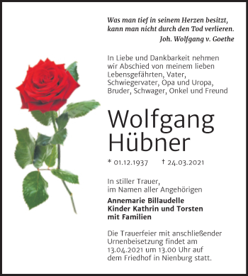 Traueranzeige von Wolfgang Hübner von Mitteldeutsche Zeitung Bernburg