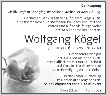 Traueranzeige von Wolfgang Kögel von Mitteldeutsche Zeitung Köthen