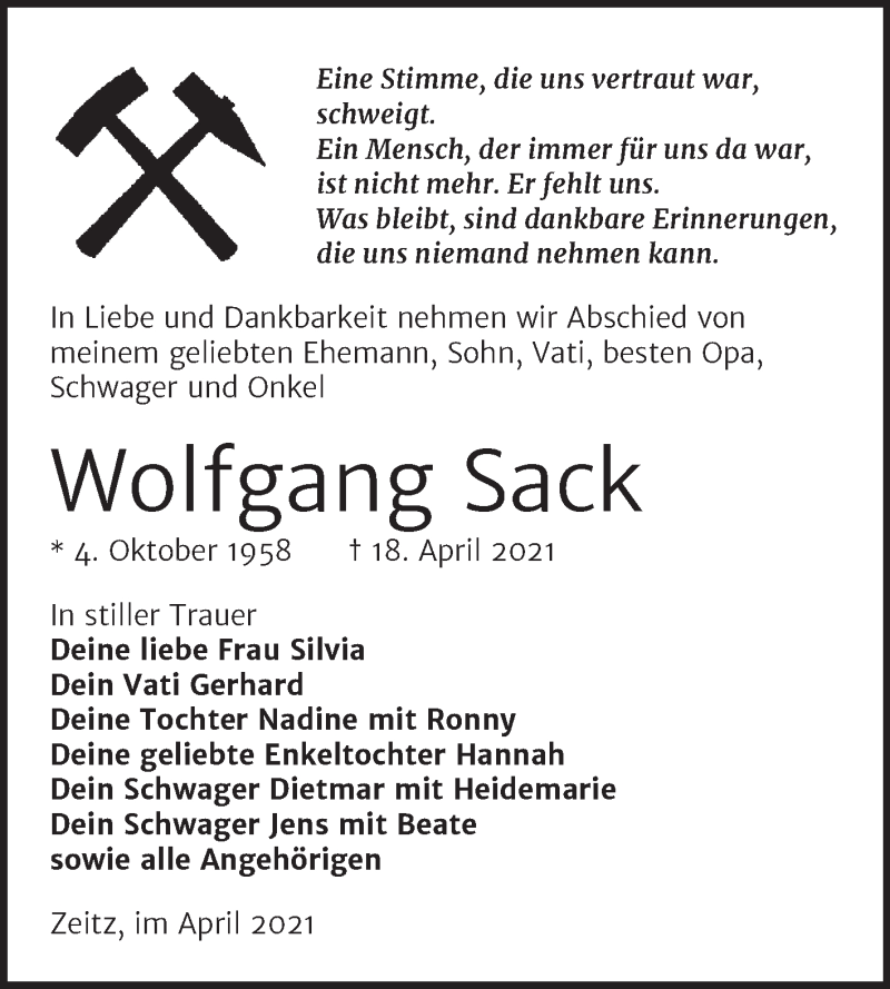  Traueranzeige für Wolfgang Sack vom 24.04.2021 aus Mitteldeutsche Zeitung Zeitz