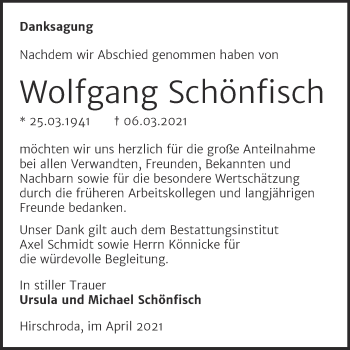 Traueranzeige von Wolfgang Schönfisch von Mitteldeutsche Zeitung Naumburg/Nebra