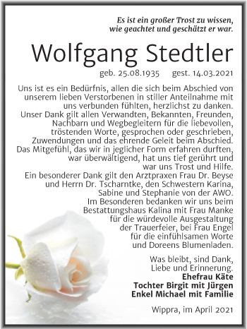 Traueranzeige von Wolfgang Stedtler von Mitteldeutsche Zeitung Mansfelder Land