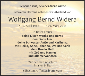 Traueranzeige von Wolfgang Bernd Widera von Mitteldeutsche Zeitung Weißenfels