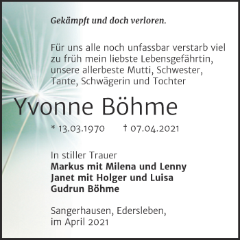 Traueranzeige von Yvonne Böhme von Mitteldeutsche Zeitung Sangerhausen