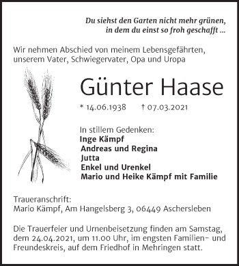 Traueranzeige von Günter Haase von Mitteldeutsche Zeitung Aschersleben