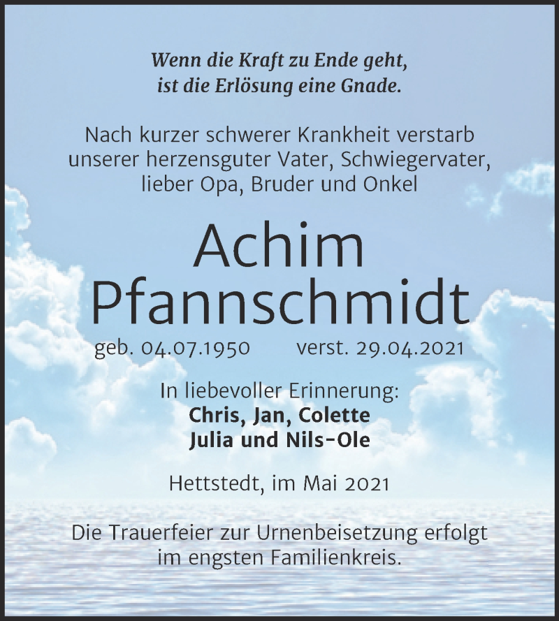  Traueranzeige für Achim Pfannschmidt vom 08.05.2021 aus Trauerkombi Mansfelder Land