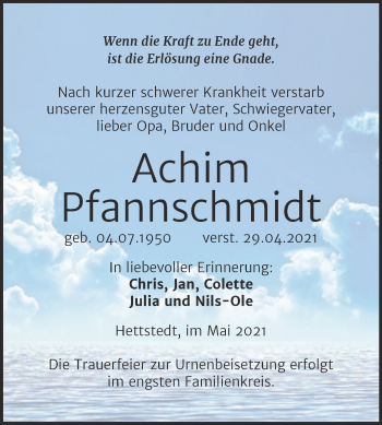 Traueranzeige von Achim Pfannschmidt von Trauerkombi Mansfelder Land