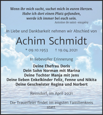 Traueranzeige von Achim Schmidt von Super Sonntag Naumburg/Nebra