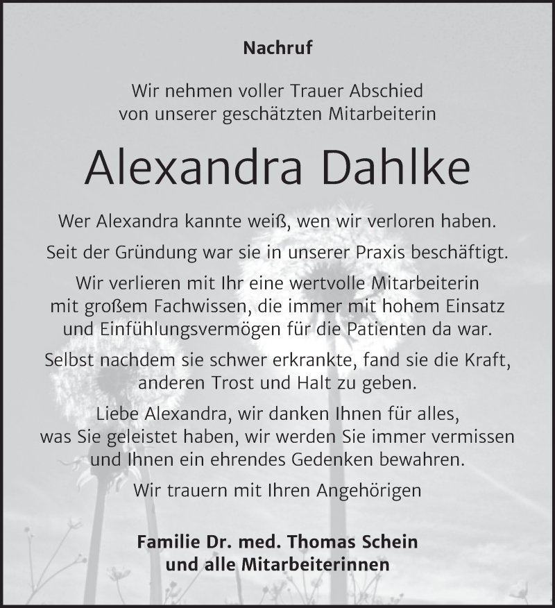  Traueranzeige für Alexandra Dahlke vom 08.05.2021 aus Trauerkombi Mansfelder Land