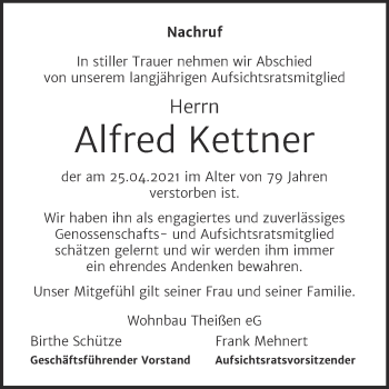 Traueranzeige von Alfred Kettner von Super Sonntag Zeitz