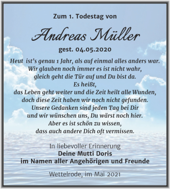 Traueranzeige von Andreas Müller von Trauerkombi Sangerhausen
